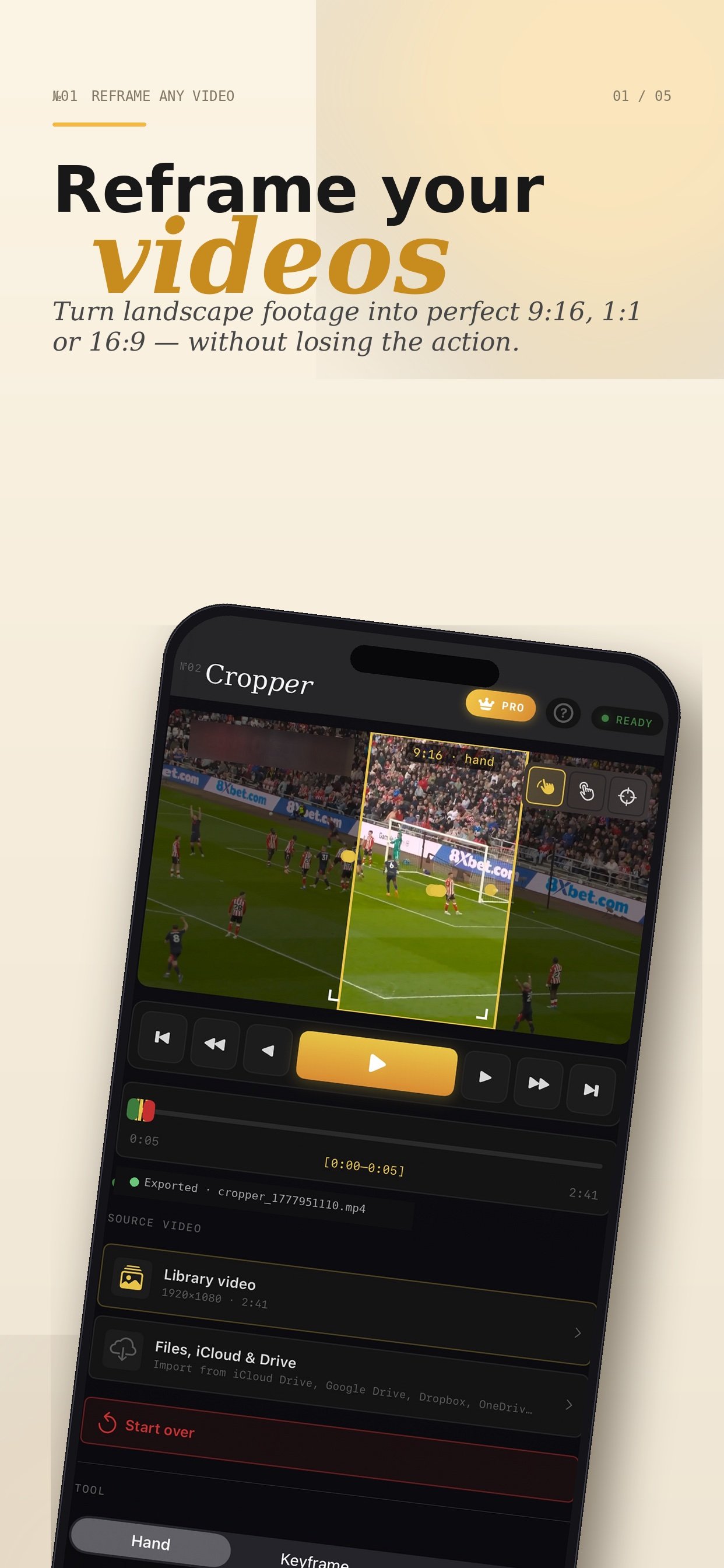 Cropper app — 9:16 crop frame locked on the goalmouth of wide soccer footage, Hand tracking mode active