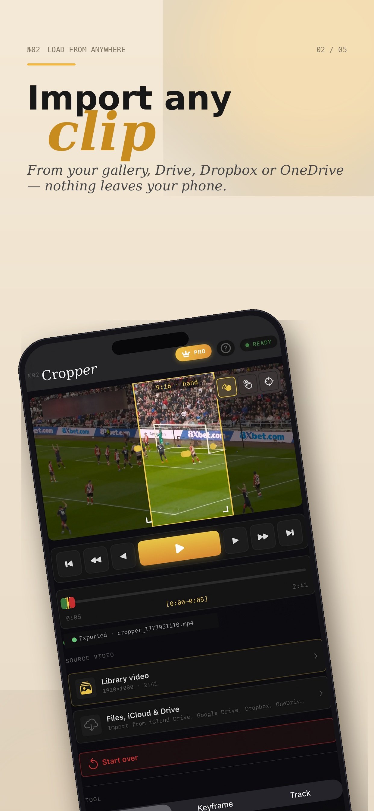 Cropper source video panel — import from Library, Files, iCloud and Drive