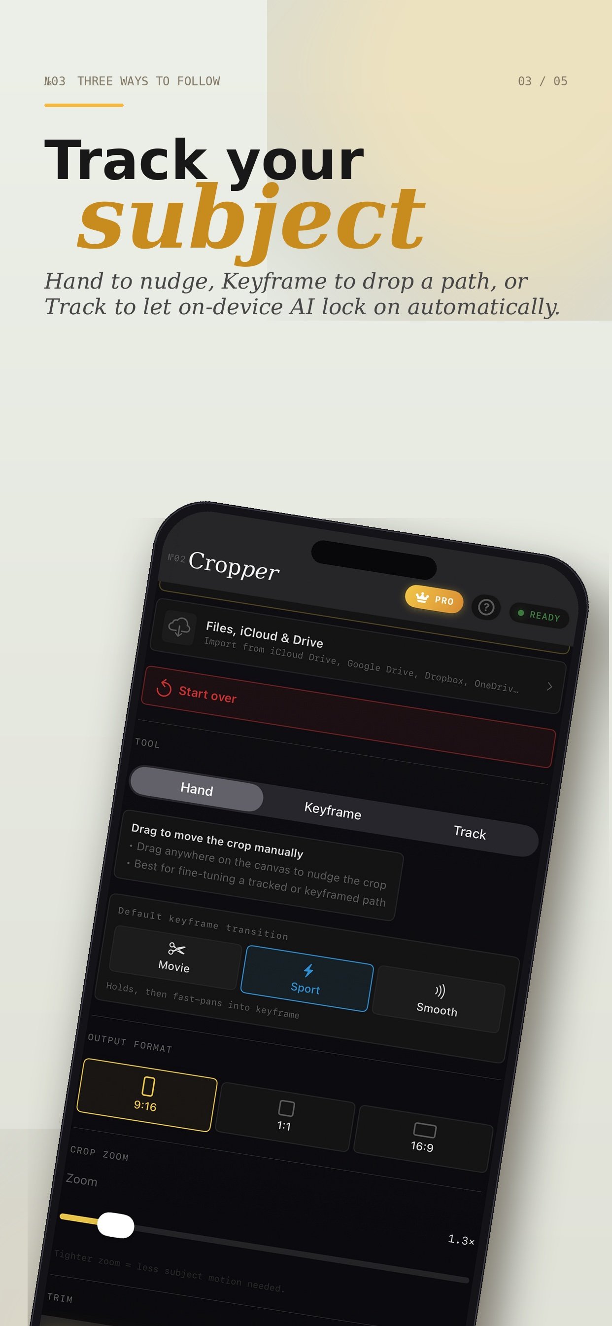 Cropper tool selector — Hand, Keyframe and Track modes with output format options