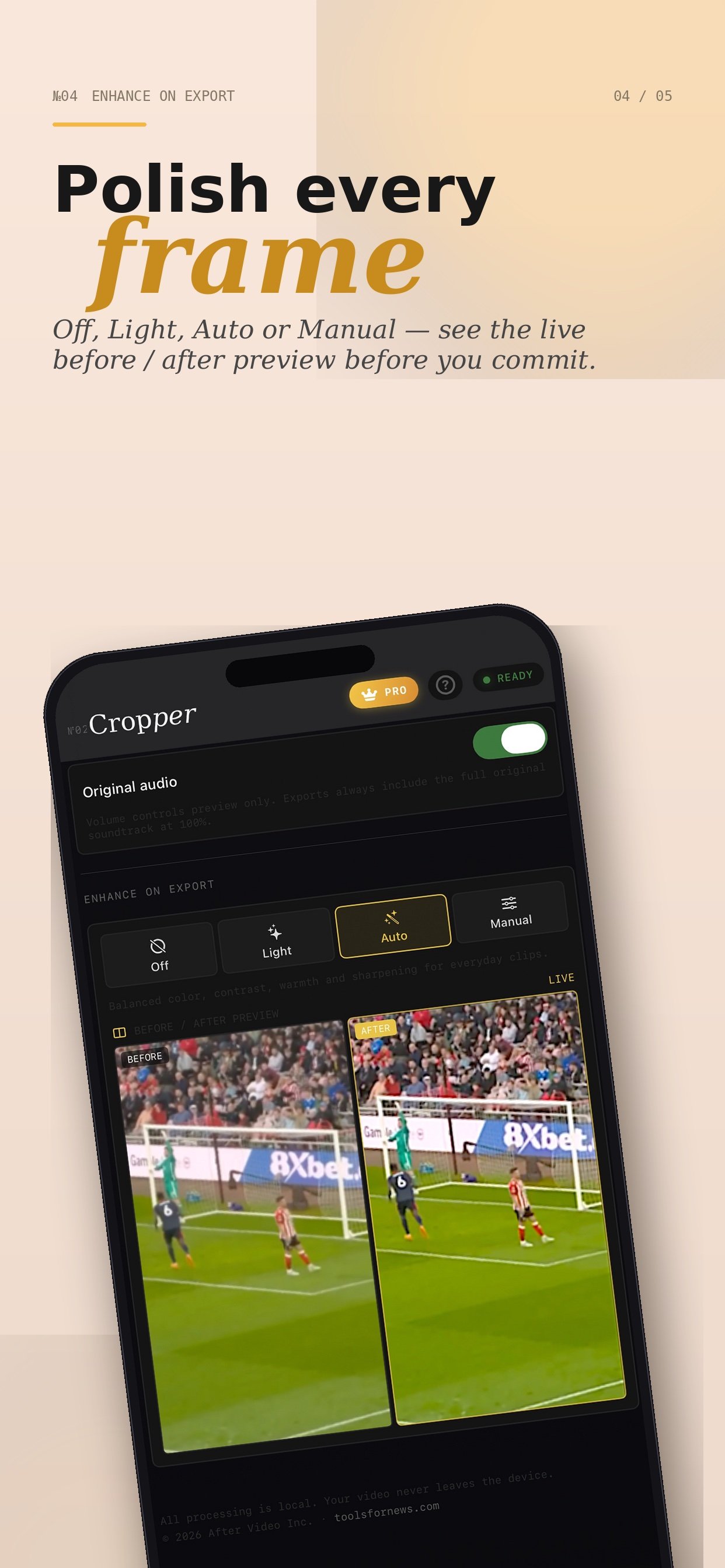 Cropper enhance-on-export with Off, Light, Auto, Manual and live before/after preview
