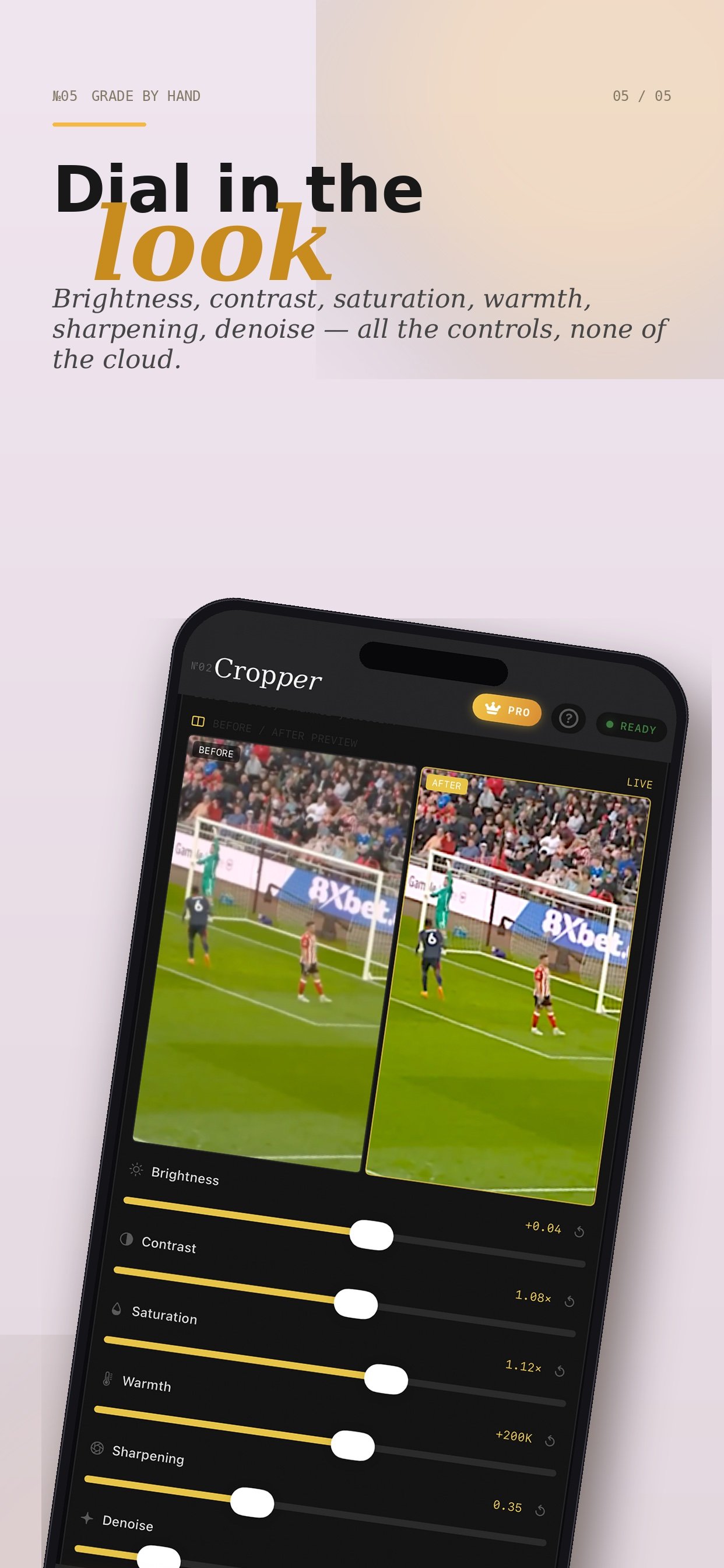 Cropper manual grading sliders — brightness, contrast, saturation, warmth, sharpening, denoise